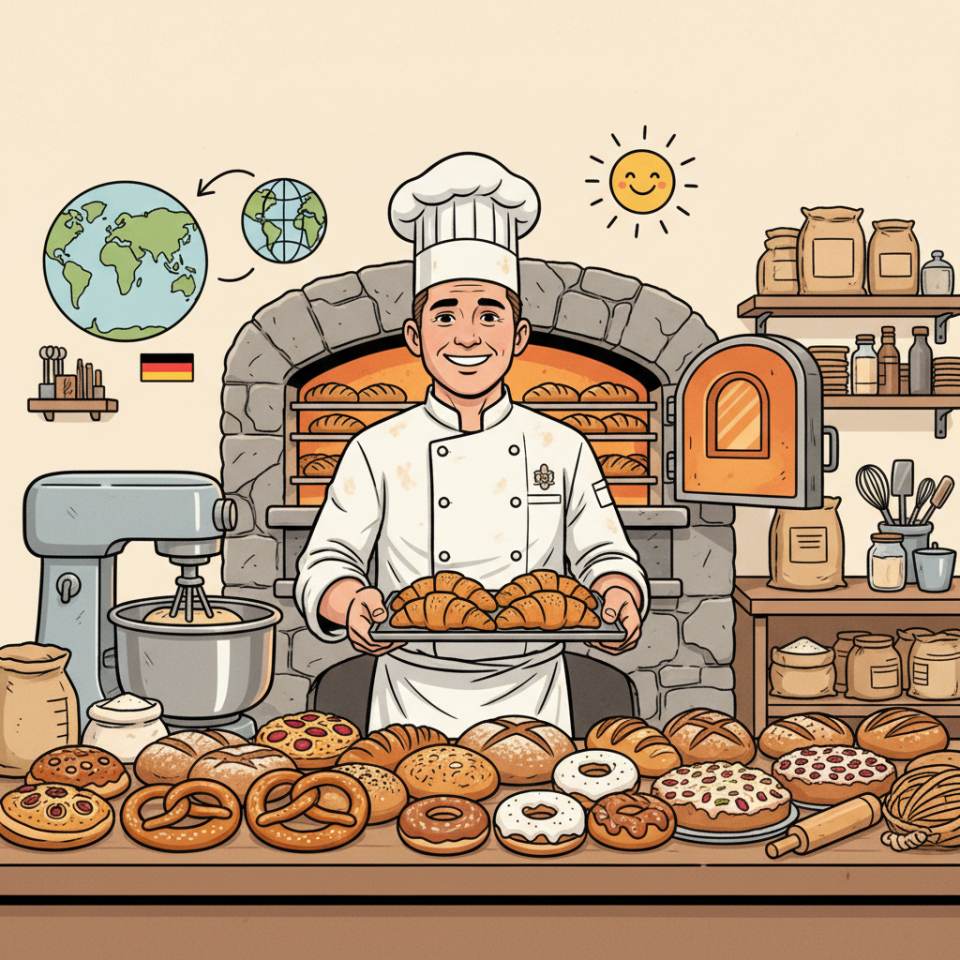 Comic-Darstellung eines Bäckers mit Mehlschürze am Backofen, frischen Broten und Teiglingen in der Backstube