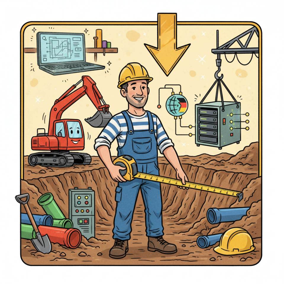 Comic-Darstellung eines Tiefbauers mit Helm und Schaufel an einer Baugrube mit Rohrleitung und Bagger auf einer Baustelle