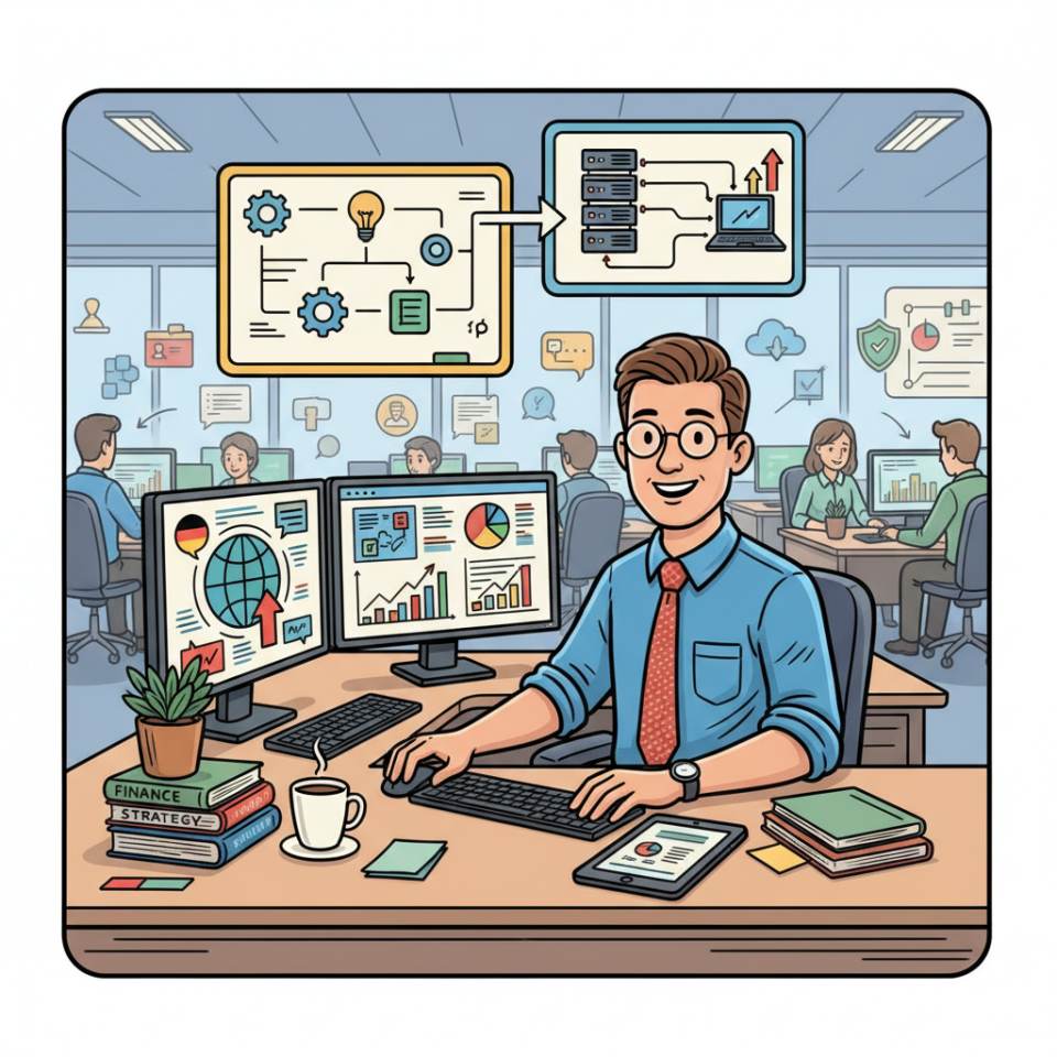 Comic illustration of a controller with dashboard, charts, laptop and financial reports at a desk