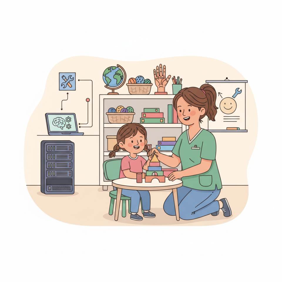 Comic illustration of an occupational therapist with therapy materials and assistive aids in a practice