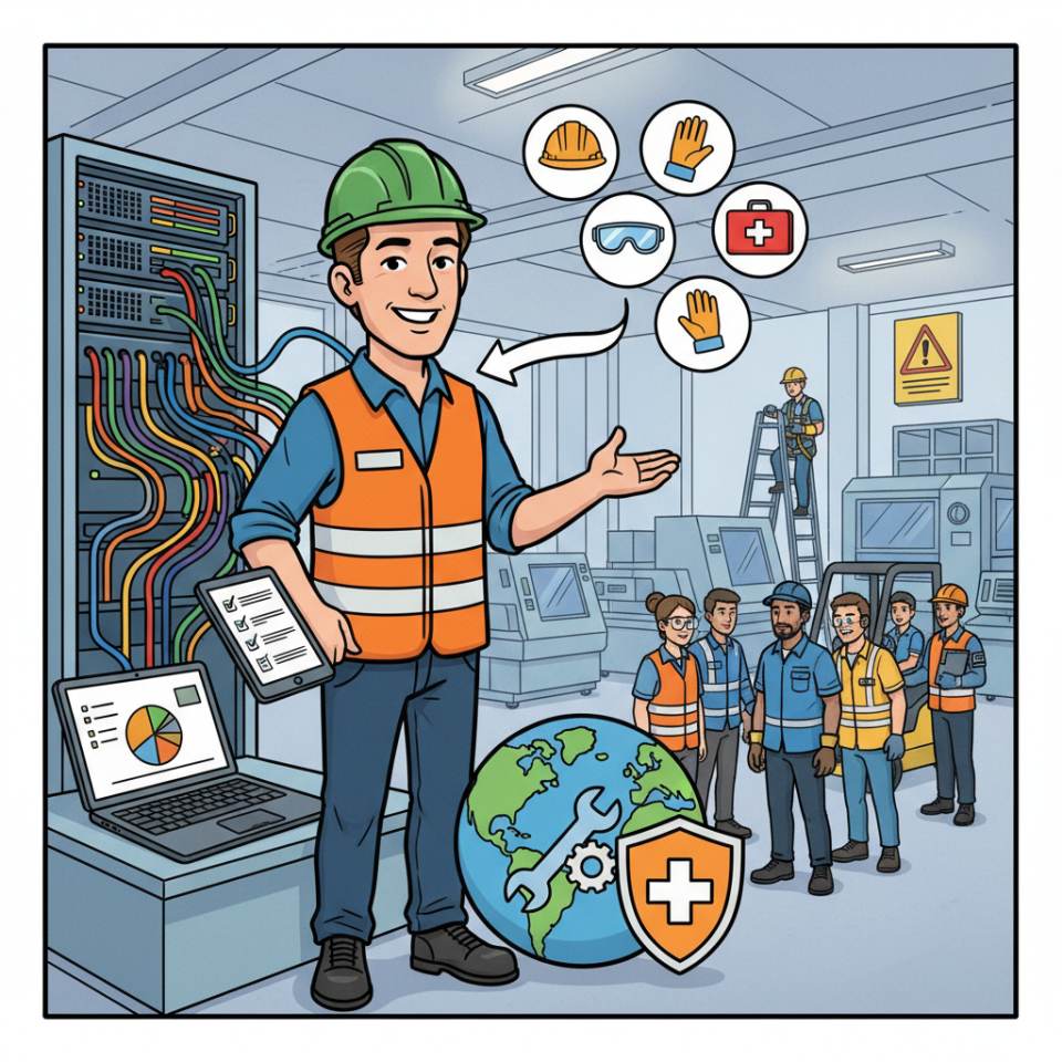 Comic illustration of an occupational safety specialist with hard hat, checklist, warning sign and inspection plan on site