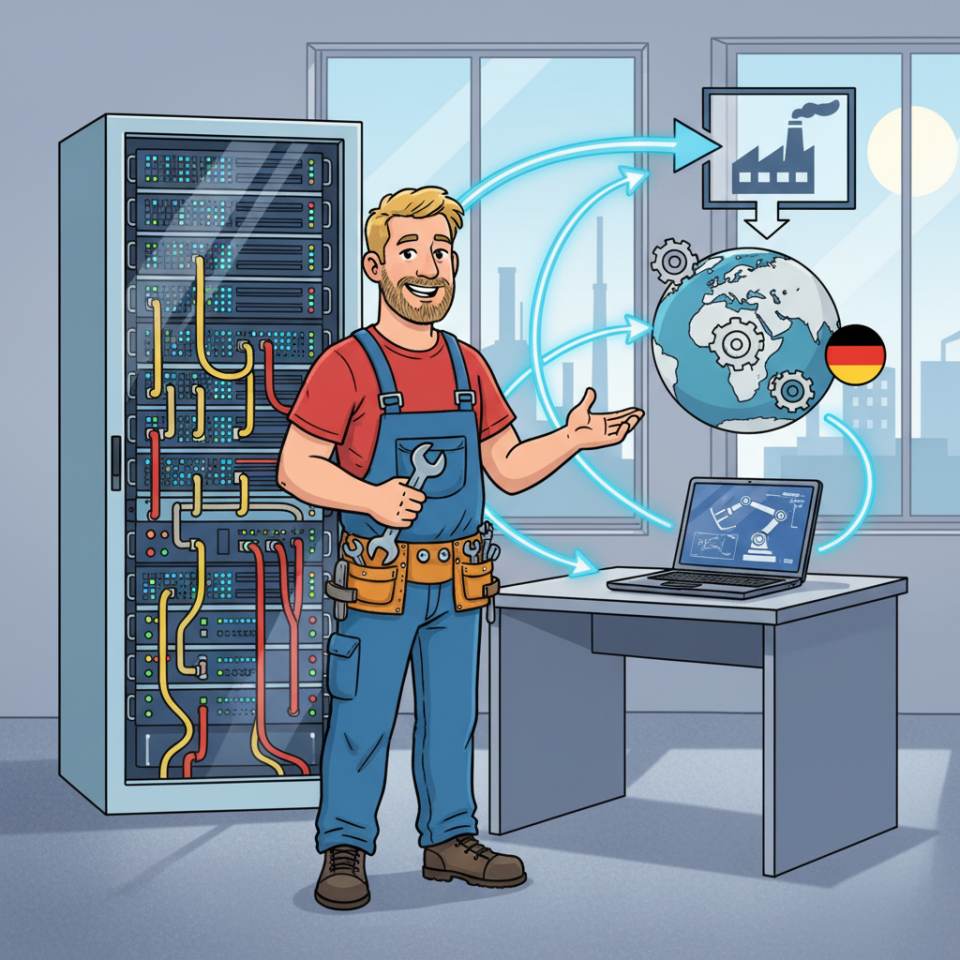 Comic illustration of an industrial mechanic with hard hat and tools at a production machine on the shop floor