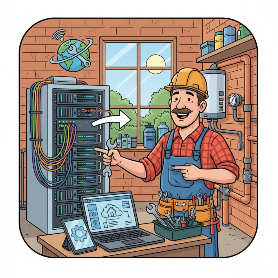 Comic illustration of an installer with tools and pipe wrench at a sanitary and heating installation