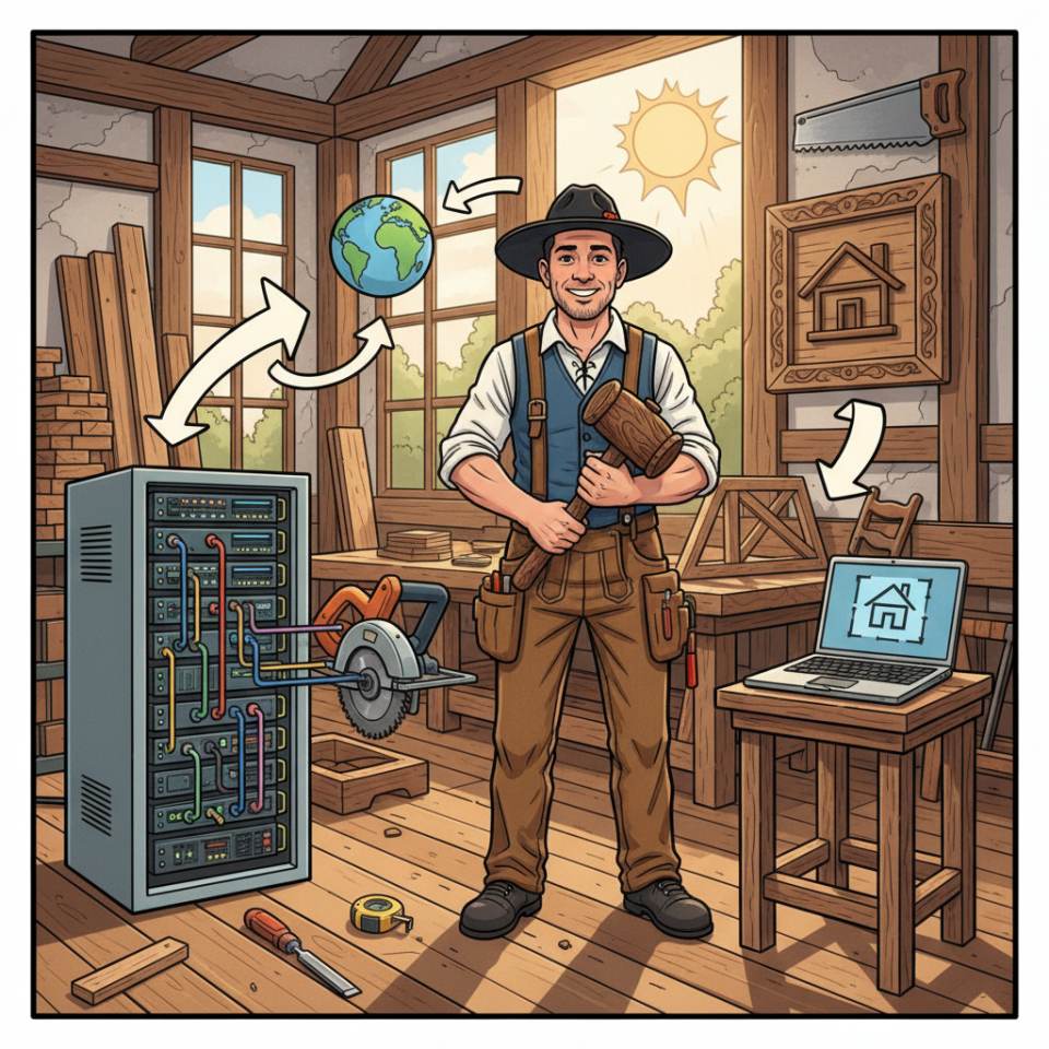Comic illustration of a carpenter with hard hat and adze at a roof truss on a construction site
