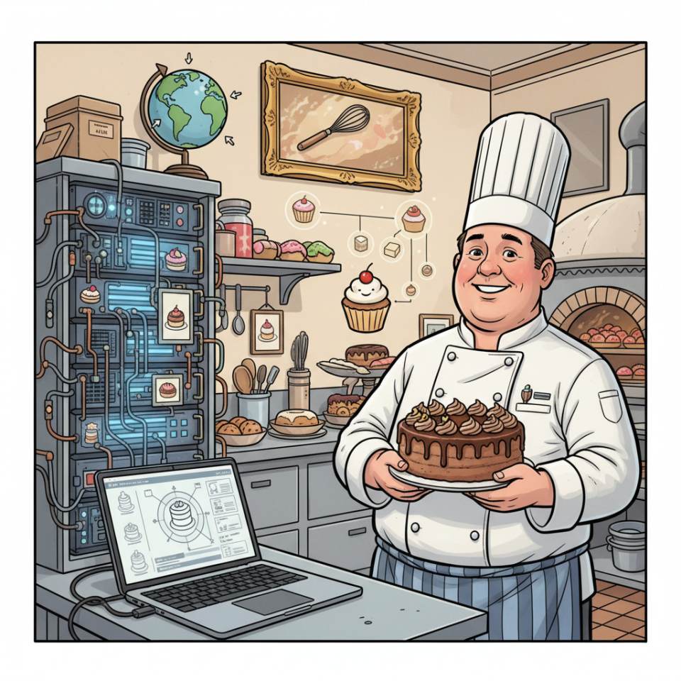 Комикс-изображение кондитера с тортом, кондитерским мешком и конфетами в кондитерской